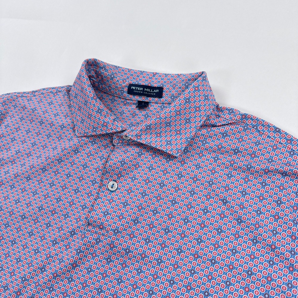 Peter Millar Mens Polo Large Blue Red Geometric Crown Crafted Performance